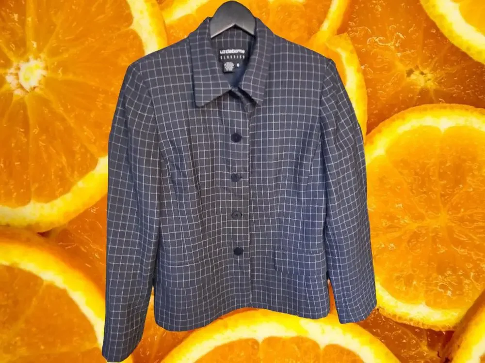 Liz Claiborne Blue and‎ White Check Button Up Blazer Size 6